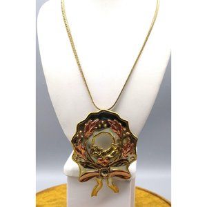 Vintage Mixed Metals Wreath Pendant Brooch, Oversized Christmas Winter Holiday